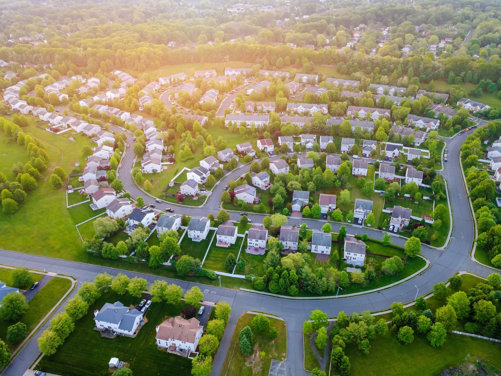 Aerial panorama view of a small town city home roofs at suburban residential quarters in New Jersey USA
