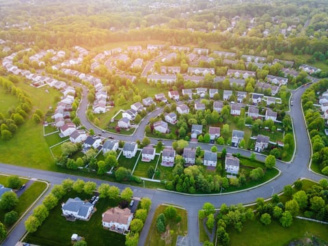 Aerial panorama view of a small town city home roofs at suburban residential quarters in New Jersey USA