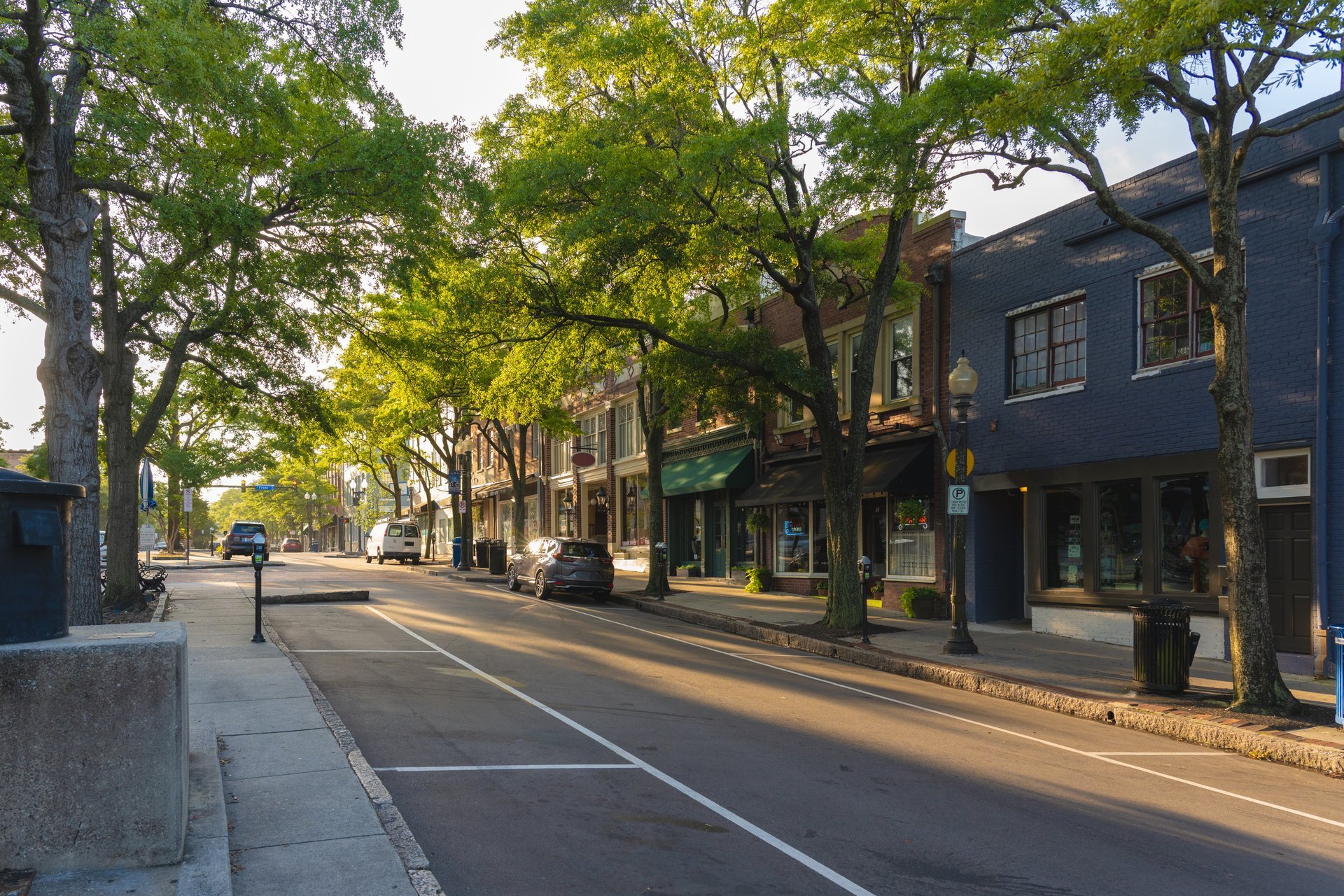 Small town Southern charm on Market Street in the center of the historic district in Wilmington, North Carolina. Early morning, empty street, late spring.