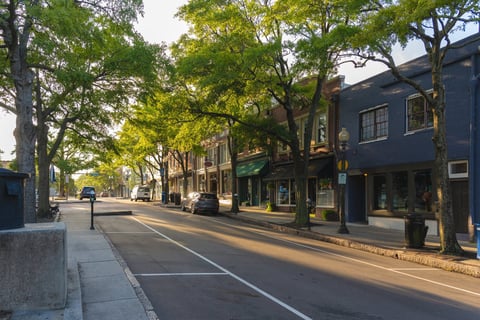 Small town Southern charm on Market Street in the center of the historic district in Wilmington, North Carolina. Early morning, empty street, late spring.