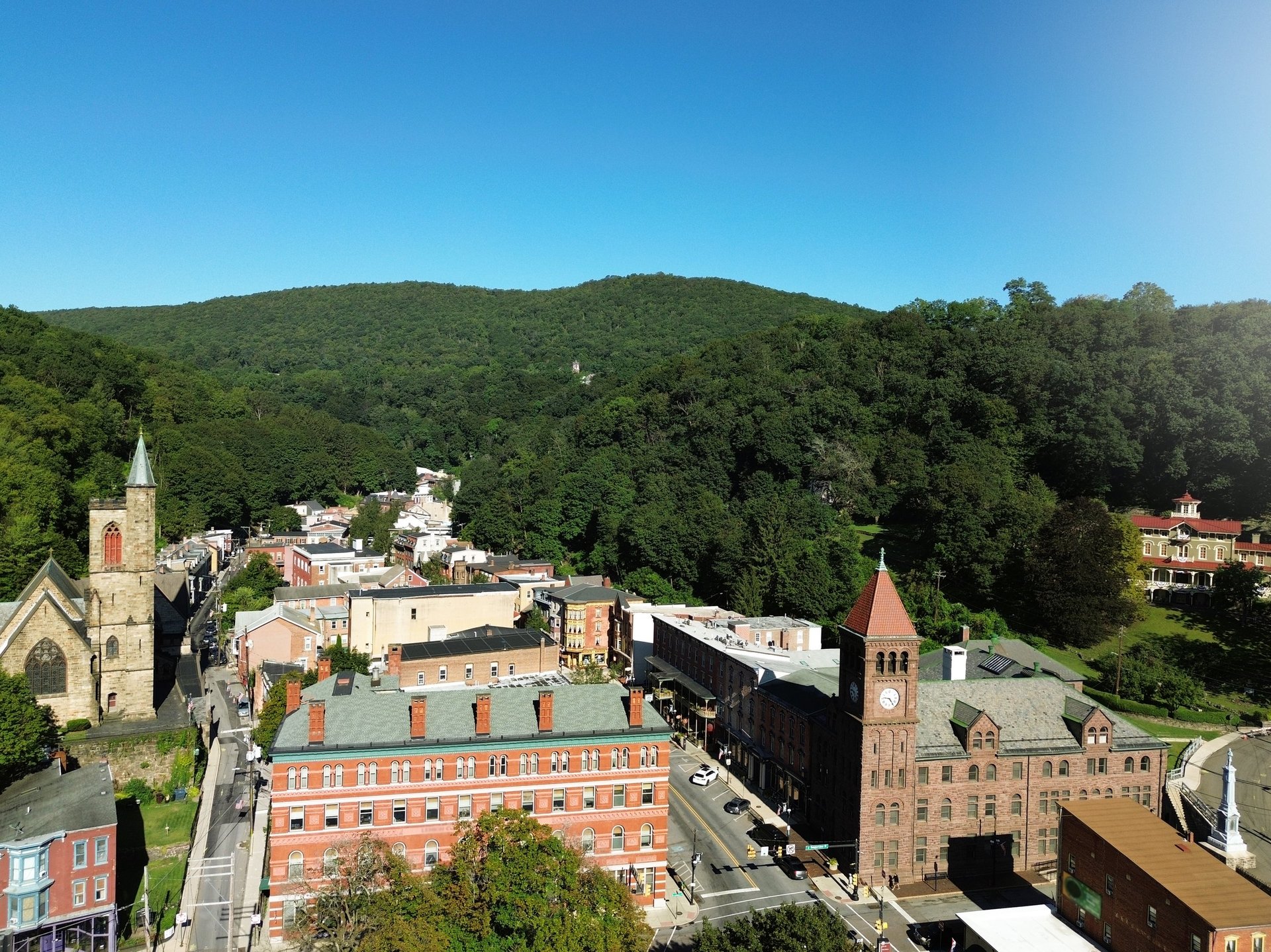 Aerial view of Jim Thorpe, PA downtown and Pocono Mountains background