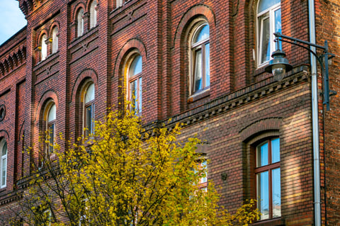Brick building with arched windows and decorative architectural details, yellow autumn tree leaves in the foreground within an urban environment