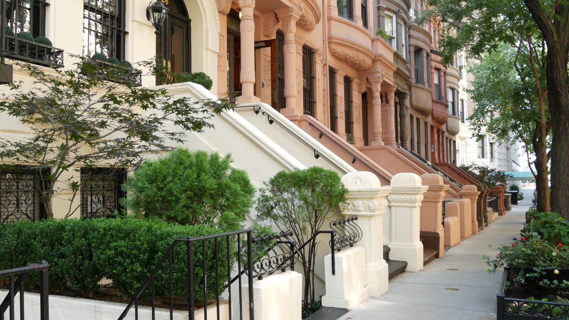Historic brick townhomes and row houses on a tree-lined street