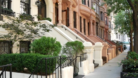 Historic brick townhomes and row houses on a tree-lined street